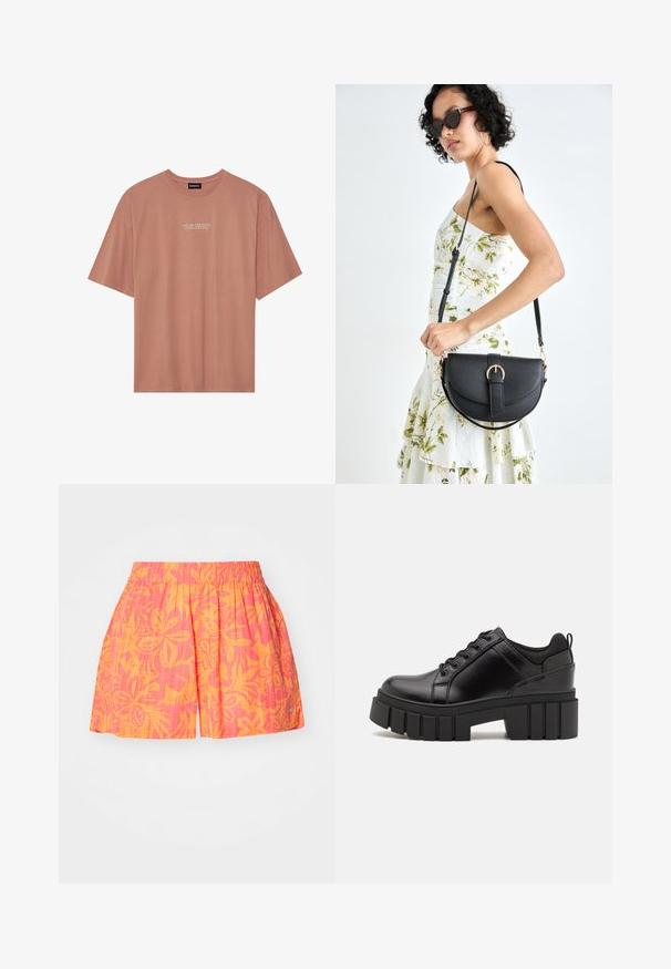 Krátky rukáv, ružovo-ružový tričko vyrobené z mäkkej bavlny. Má okrúhly výstrih a biele písmo: "VAŠA ENERGIA je vaša mena" na prednej strane.; Ružové a oranžové šortky s kvetinovým vzorom, vybavené elastickým pásom a plisé dizajnom. Vyrobené z ľahkej tkaniny, s malým bočným akcentom.; Čierne kožené platformy s masívnym blokovým podpätkom, okrúhlou špičkou a tradičným šnurovaním. Má hladký povrch a minimálne detaily.; Čierna kožená kabelka s zaobleným tvarom, odnímateľným popruhom a zlatými doplnkami. Kabelka má klopu s detailom s prackou.