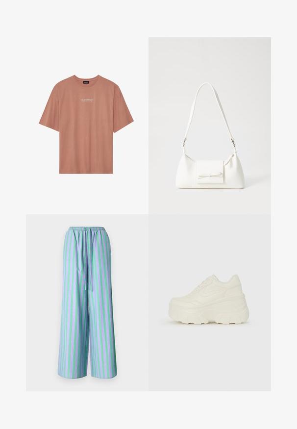 Kortermet t-skjorte i blush rosa laget av myk bomull. Har rund hals og hvit tekst: "DIN ENERGI er din valuta" på forsiden.; Lette, løse bukser i lilla med grønne vertikale striper. Har elastisk midjebånd og snor detaljer.; Hvite plattformsnickers med en glatt læraktig overdel, avrundet form, polstret krage og teksturert gummisåle med tydelige dekk.; Hvit syntetisk håndveske med trekantet form, flat klaff foran og sløyfe detaljer, justerbar stropp, glatt tekstur og minimalistisk design.