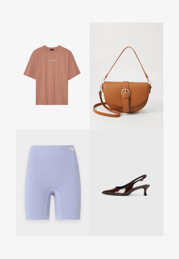 Kortermet t-skjorte i blush rosa laget av myk bomull. Har rund hals og hvit tekst: "DIN ENERGI er din valuta" på forsiden.; Ribbet lilla sykkelbukser med høy midje. Har en liten logoakseent på øvre venstre side. Enkel og tettsittende design.; Brune patentlæder slingback sko med spids tå og moderat hæl. Har en spænde rem for sikker pasform. Glat tekstur.; Brun lærcrossbody-veske med en buet form, gullhardware og et spenneakcent. Har en avtakbar skulderreim.