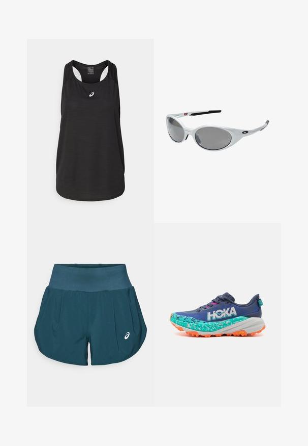 Svart träningslinne i lätt material. Har rund halsringning, racerback-design och en liten vit logotyp på framsidan.; ASICS ROAD SHORT - Träningsshorts - saxon green; HOKA SPEEDGOAT 6 - Löparskor terräng - varsity blue/meteor; Vita plastsolglasögon med stora ovala linser, gråtonade. Har svarta örongrepp och en liten logotyp på ramen. Slät yta.