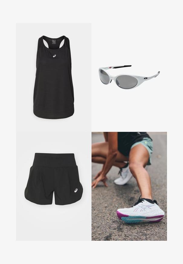 Crni sportski top bez rukava od laganog materijala. Ima okrugli izrez, dizajn s razrezom na leđima i mali bijeli logo sprijeda.; Crne atletske kratke hlače sa širokim pojasom, nabranim dizajnom i malim bijelim logotipom na donjoj lijevoj strani. Mekani, lagani materijal.; ASICS GEL-NIMBUS 26 - Tenisice za cestovno trčanje - white/soothing sea; Bijele plastične naočale za sunce s velikim ovalnim lećama, sivo zatamnjene. Imaju crne uške i mali logotip na okviru. Glatka površina.