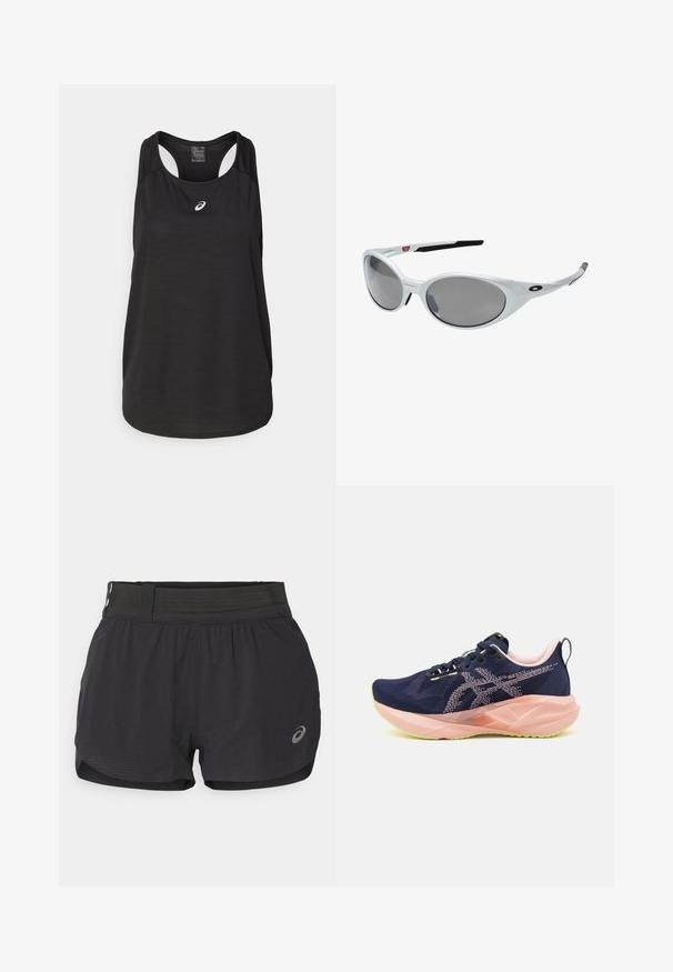 Fekete sportos ujjatlan felső, könnyű anyagból készült. Kerek nyakú, hátsó pántos kialakítással és egy kis fehér logóval a frontrészen.; Fekete futóshort, hálós derékkal, sima felületű, rövid hosszal és kis logóval a jobb alsó részen.; Sötétkék futócipő hálós felsőrésszel, rózsaszín kiegészítőkkel és zöld talppal. Különleges formájú talp és fűzős kialakítás jellemzi.; Fehér műanyag napszemüveg nagy ovális lencsékkel, szürkére árnyékolva. Fekete fülre csúszó betétekkel és egy kis logóval a kereten. Simább felület.