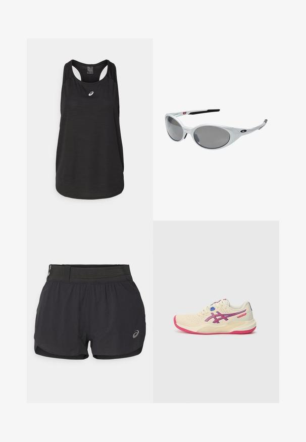 Top sport negru dintr-un material ușor. Dispune de un decolteu rotund, un design cu spatele încrucișat și un mic logo alb pe față.; Pantaloni scurți negri pentru alergare cu un brâu din plasă, având o textură netedă, lungime scurtă și un mic logo pe partea dreaptă jos.; Adidași de culoare crem cu o talpă roz, accente albastre și violet, parte superioară perforată și design cu vârf rotund.; Ochelari de soare din plastic alb, cu lentile mari, ovale, de culoare gri. Au prinderi negre la urechi și un mic logo pe ramă. Finisaj neted.
