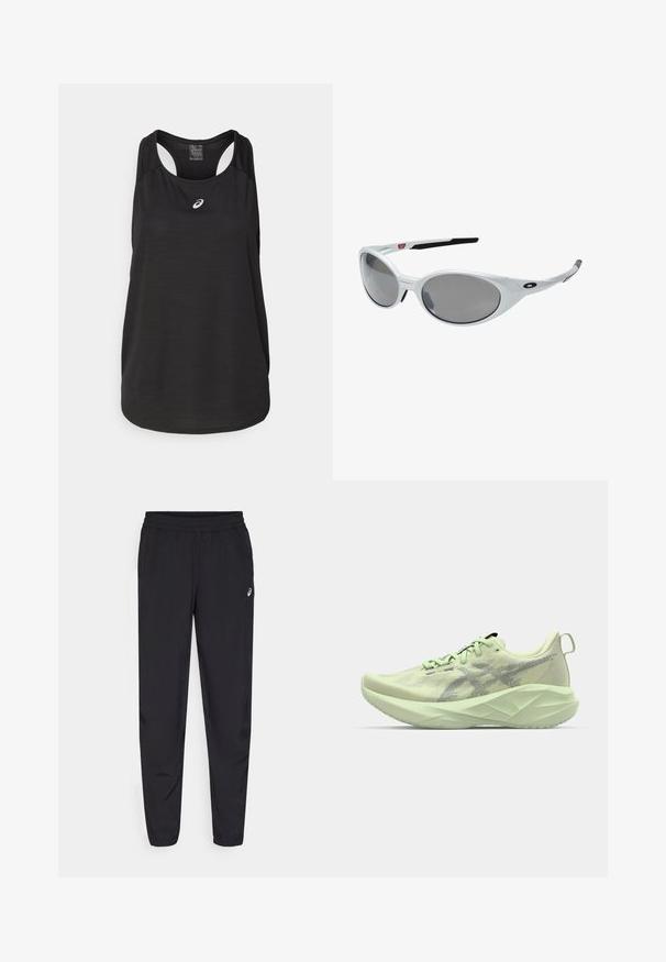 Black athletic tank top made of lightweight fabric. Features a round neckline, racerback design, and a small white logo on the front.; Black sports pants featuring an elastic waistband, tapered legs with cuffs, made of a lightweight, smooth material, and a small logo on the thigh.; Light green athletic shoe featuring a mesh upper, textured accents, and a thick, angular sole for enhanced cushioning and support.; White plastic sunglasses with large oval lenses, gray tinted. Features black ear grips and a small logo on the frame. Smooth finish.