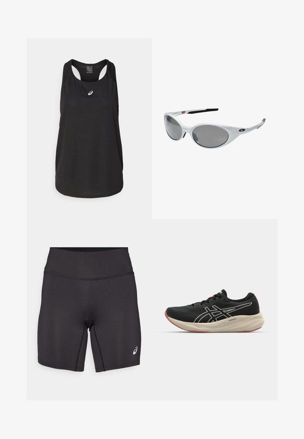 Czarny sportowy top na ramiączkach wykonany z lekkiego materiału. Posiada okrągły dekolt, plecy w stylu wyścigowym oraz małe białe logo z przodu.; Czarne sportowe szorty o gładkiej fakturze, dopasowanym kroju i wysokim stanem. Posiadają kontrastowe szwy oraz małe logo na dolnej części nogawki.; Czarne buty do biegania z siateczkową cholewką i białymi akcentami. Posiadają amortyzowaną podeszwę środkową oraz czerwony detal na podeszwie. Lekka konstrukcja.; Białe plastikowe okulary przeciwsłoneczne z dużymi owalnymi soczewkami o szarym zabarwieniu. Posiadają czarne wkładki na uszy oraz małe logo na ramce. Gładkie wykończenie.