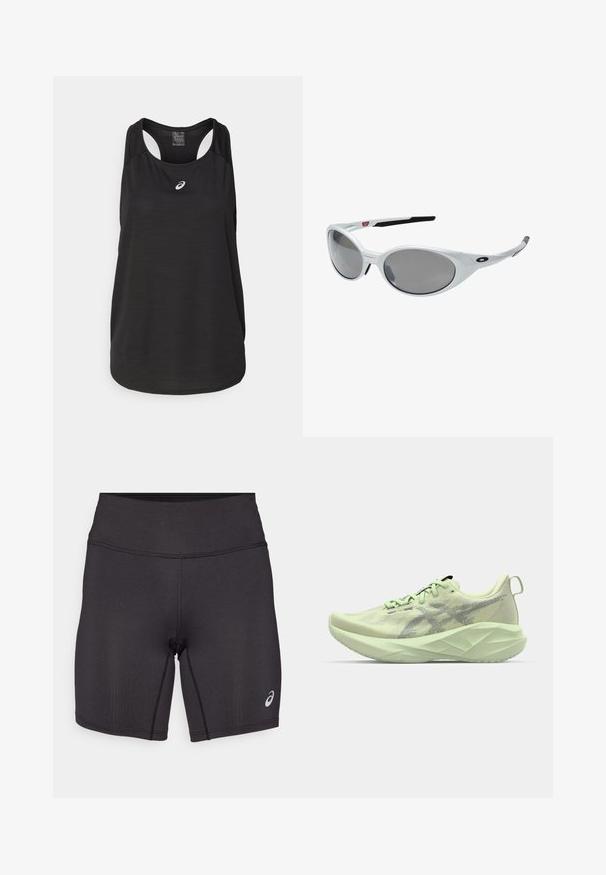 Black athletic tank top made of lightweight fabric. Features a round neckline, racerback design, and a small white logo on the front.; Black athletic shorts with a smooth texture, fitted design, and a high waistband. Features contrasting stitching and a small logo on the lower leg.; Light green athletic shoe featuring a mesh upper, textured accents, and a thick, angular sole for enhanced cushioning and support.; White plastic sunglasses with large oval lenses, gray tinted. Features black ear grips and a small logo on the frame. Smooth finish.