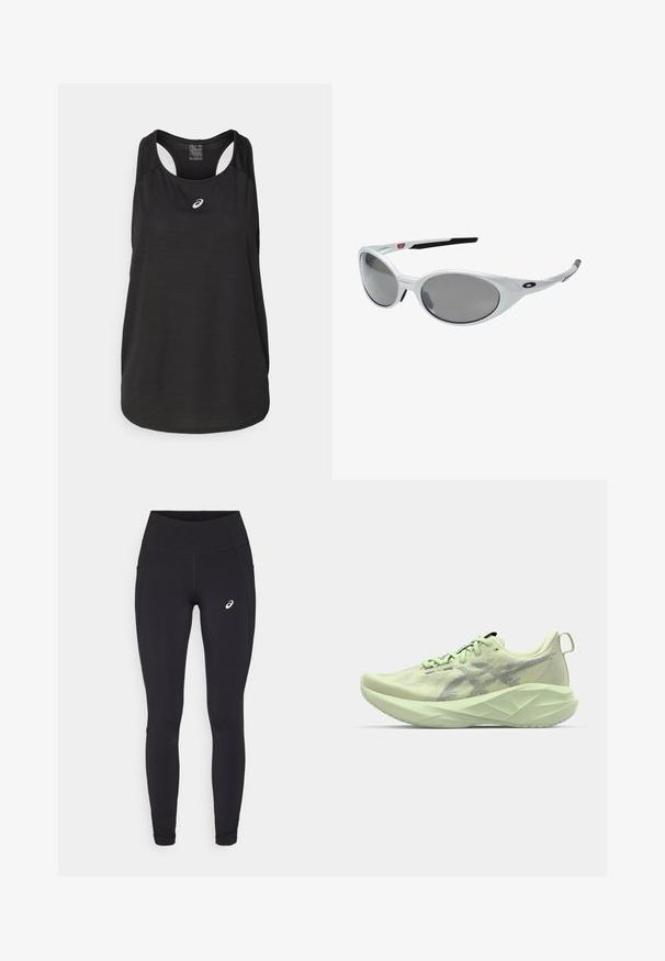 Zwarte sportieve tanktop van lichtgewicht stof. Heeft een ronde halslijn, racerback ontwerp en een klein wit logo op de voorkant.; ASICS NAGINO RUN - Hardlooplegging - performance black; Lichtgroene sportschoen met een bovenwerk van mesh, getextureerde accenten en een dikke, hoekige zool voor verbeterde demping en ondersteuning.; Witte kunststof zonnebril met grote ovale lenzen, grijs getint. Voorzien van zwarte oorsteunen en een klein logo op het montuur. Gladde afwerking.