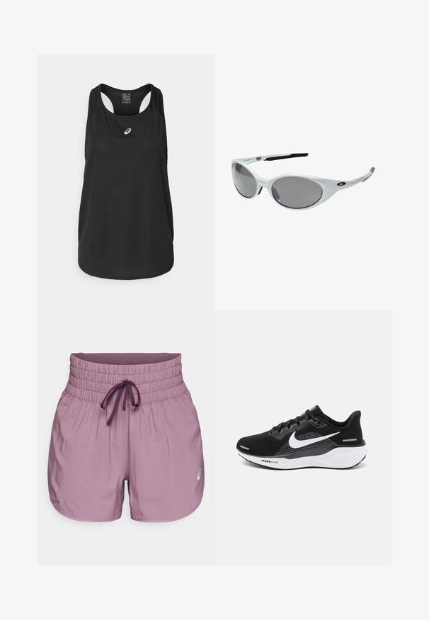 Juodas sportinis marškinėlis be rankovių, pagamintas iš lengvos medžiagos. Turi apvalų iškirpimą, lenktą nugarą ir mažą baltą logotipą priekyje.; Purpurinės sportinės šortai su raukiniu aukštu juosmeniu, raišteliu ir subtiliu logotipo akcentu dešinėje apačioje. Sklandus, lengvas audinys.; Juodas sportinis batelis su tinkliniu viršumi, baltu Nike swoosh ir baltu paminkštintu padu su tekstūruotais akcentais.; Baltos plastikinės saulės akiniai su dideliais ovaliais objektyvais, pilkai nudažyti. Turime juodas ausis laikančias dalis ir mažą logotipą ant rėmelio. Lygus paviršius.