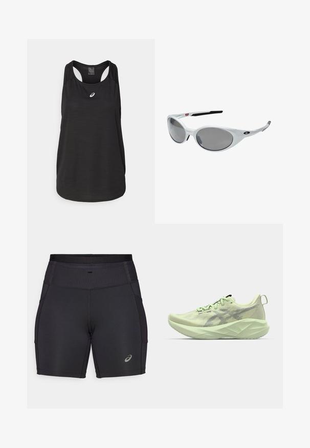 Top deportivo negro fabricado con una tela ligera. Presenta un escote redondo, diseño de espalda nadadora y un pequeño logotipo blanco en la parte delantera.; Pantalones cortos deportivos negros hechos de tela elástica. Cuenta con una cinturilla alta acanalada y bolsillos laterales. Incluye un acento de logo reflectante.; Zapatilla deportiva verde claro con parte superior de malla, acentos texturizados y una suela gruesa y angular para mayor amortiguación y soporte.; Gafas de sol de plástico blanco con grandes lentes ovalados, tintados de gris. Presentan almohadillas negras para las orejas y un pequeño logotipo en el armazón. Acabado suave.