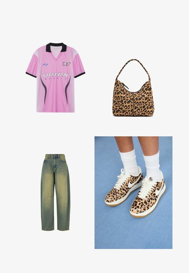 Pink sports jersey with black collar, featuring "URTRN" logo, dotted gradient pattern, and "97" print on the chest. Lightweight fabric.; Wide-leg denim jeans in light blue with faded texture. Features five pockets and a high waist. Clean hem and subtle stitching details.; Leopard print Nike Air Force 1 sneakers with white laces and swoosh, featuring a tan rubber outsole and textured upper. White crew socks visible.; Leopard print handbag with a curved handle, made of soft fabric, featuring a zip closure at the top and black accents on the edges.
