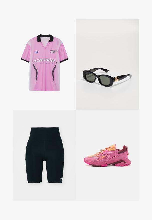 Rózsaszín sportmez fekete gallérral, "URTRN" logóval, pöttyös gradiens mintával és "97" felirattal a mellrészen. Könnyű anyag.; Fekete sportcicanadrág rugalmas anyagból, magas derékkal és oldalsó zsebbel. Simas texture flat varratokkal és logó kiemeléssel.; Rózsaszín sportcipő, különböző anyagokból, beleértve a hálós anyagot és a velúrt, narancssárga és bordó akcentusokkal, valamint texturált talppal. ; Fekete műanyag napszemüveg zöld lencsékkel, ovális formával és arany logó részletekkel a szárakon. Simító textúrájú és fényes felületű.; Fekete nylon keresztpántos táska állítható pánttal, kiemelkedő fehér logóval. Világoskék póló felett viselve. Egyszerű, funkcionális dizájn.