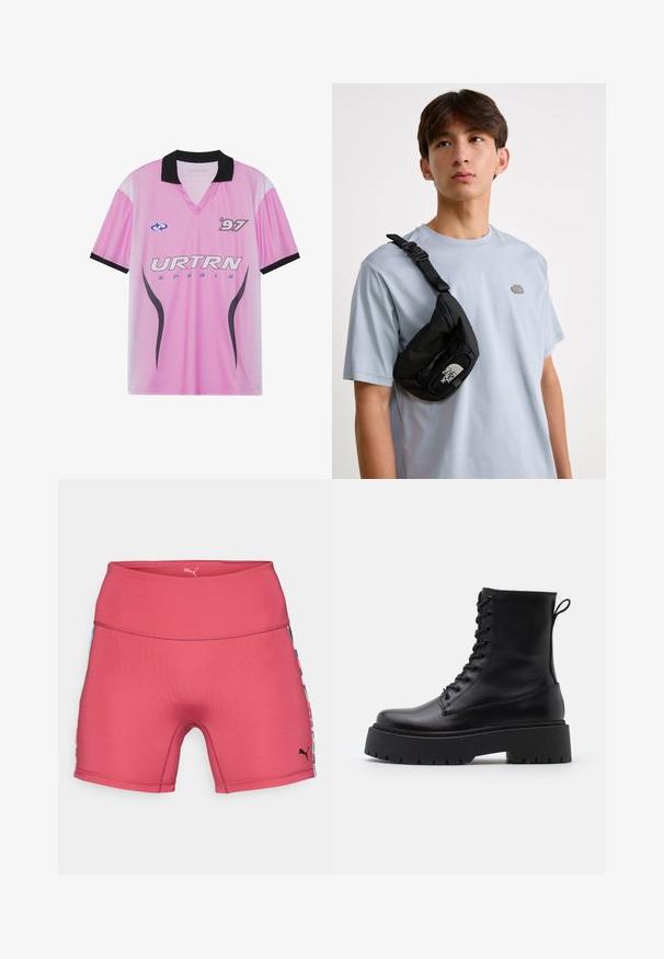 Rozā sporta krekls ar melnu apkakli, ar "URTRN" logo, punktētu gradācijas rakstu un "97" apdruku uz krūtīm. Viegls audums.; Rozā sporta šorti ar augsto jostasvietu, ar krāsainiem rakstainiem sānu paneļiem un melnu logotipa detaļu apakšējā labajā stūrī.; Melni ādas potītēm zābaki ar apļveida purngalu, auklām priekšpusē un biezu gumijas zoli ar teksturētu protektoru. Velkšanas cilpa aizmugurē.; Melna neilona krūšu soma ar regulējamu siksnu, ar izteiktu baltu logo. Valkāta virs gaiši zila T-kreklu. Vienkāršs, funkcionāls dizains.