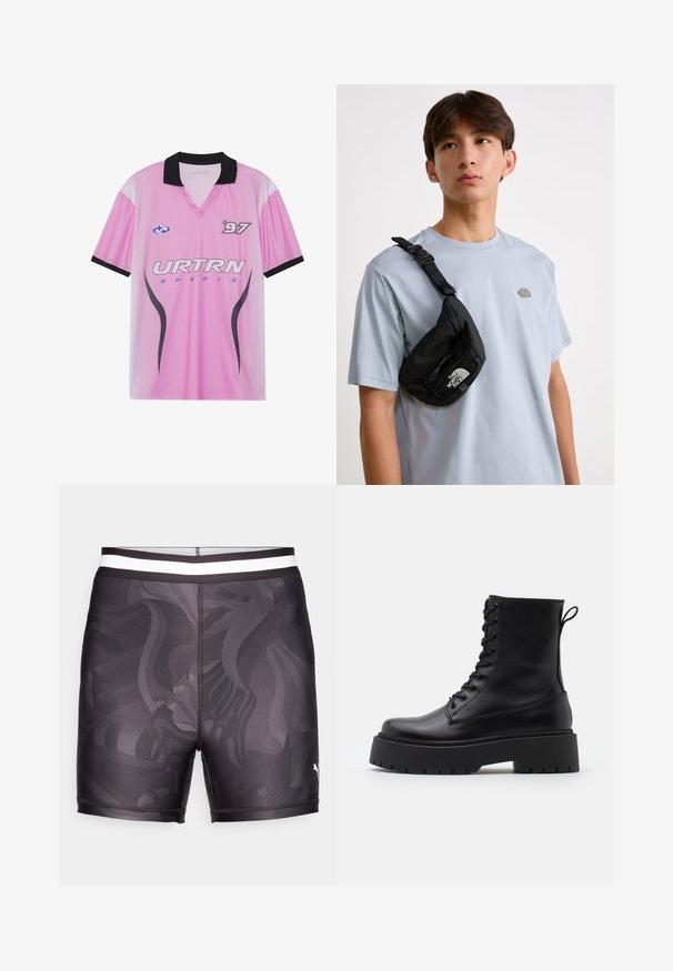Růžový sportovní dres s černým límečkem, obsahující logo "URTRN", tečkovaný gradientový vzor a potisk "97" na hrudi. Lehká tkanina.; Černé plavky vyrobené z hladkého materiálu, s jemným vzorem, přiléhavým střihem a kontrastním bílým elastickým pasem.; Černé kožené kotníkové boty s kulatou špičkou, šněrováním na přední straně a silnou gumovou podešví s texturovaným vzorkem. S poutkem vzadu.; Černá nylonová crossbody taška s nastavitelným popruhem, vybavená výrazným bílým logem. Nošena přes světle modré tričko. Jednoduchý, funkční design.