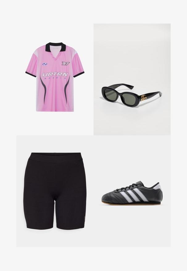Rosa Sporttrikot mit schwarzem Kragen, versehen mit dem Logo "URTRN", gepunktetem Farbverlaufsmuster und der Druckzahl "97" auf der Brust. Leichter Stoff.; Schwarze Ripp-Radsportshorts mit enganliegendem Design und glattem Bund. Verfügt über dezente Nähte und ein kleines Logo-Tag an der Seite.; Schwarzer Sportschuh aus Leder mit weißen Streifen, runder Spitze, flacher Sohle und Schnürverschluss. Besitzt Perforationen für Atmungsaktivität.; Schwarze Kunststoffsonnenbrille mit grünen Gläsern, ovaler Form und goldfarbenem Logo-Detail an den Scharniere. Glatte Textur und glänzendes Finish.; Schwarze Nylon-Crossbody-Tasche mit verstellbarem Riemen, die ein auffälliges weißes Logo trägt. Wird über einem hellblauen T-Shirt getragen. Schlichtes, funktionales Design.