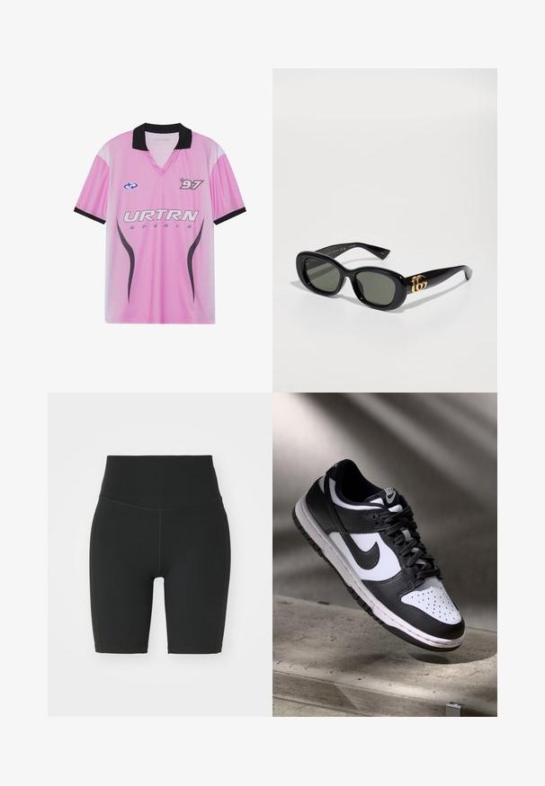 Tricou sport roz cu guler negru, având logo-ul "URTRN", model cu gradient punctat și numărul "97" imprimat pe piept. Material ușor.; Colanți negri cu talie înaltă, confecționați dintr-un material elastic. Acestia au cusături plate și un design ajustat pentru confort și ușurință în mișcare.; Pantofii Nike Dunk Low în alb și negru, cu partea superioară din piele, cutie a degetelor perforată și șireturi negre, având o talpă albă și accente cu logo.; Ochelari de soare din plastic negru cu lentile verzi, având o formă ovală și detalii cu logo auriu pe tâmple. Textură netedă și finisaj lucios.; Geantă de umăr din nailon negru, cu bretea ajustabilă, având un logo alb proeminent. Purtați peste un tricou bleu deschis. Design simplu și funcțional.