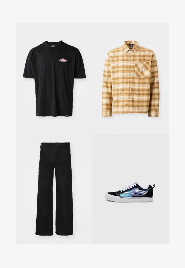 Svart bomull T-skjorte med rund hals, korte ermer og en liten rød og hvit Dickies-logo på brystet. Klassisk passform.; Brun og kremfarget rutete skjorte med lange ermer laget av teksturert stoff, med en brystlomme og knapplukking, som har en etikett på lommen.; Sorte cargo-bukser laget av en bomullsblanding, med løs passform, to sidelommer, knapplukking og en jevn tekstur med et subtilt mønster.; Sorte semskede sneakers med en hvit gummisåle. Har iriserende blå og lilla flamme-design. Hvite snørebånd og en bakre løftekrok.