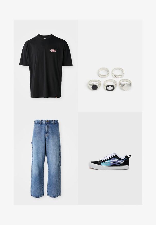 Crna pamučna majica s okruglim izrezom, kratkim rukavima i malim crvenim i bijelim Dickies logotipom na prsima. Klasičan kroj.; Svijetloplave traper cargo hlače s širokim nogavicama, koje imaju bočne džepove, istrošenu teksturu i malo izfranjene rubove.; Crne nubuk tenisice s bijelim gumiranim potplatom. Sadrže iridescentne plave i ljubičaste dizajne plamena. Bijele vezice i stražnja petna oznaka.; Pet srebrne prstenje: jedan s crnim kružnim detaljem, jedan s bijelim i crnim geometrijskim uzorkom, a ostali s različitim oblicima i završnim obradama.