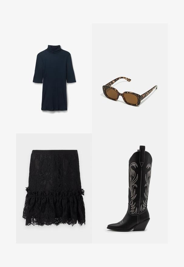 Tmavě modré žebrované šaty s rolákem a krátkým rukávem, které mají přiléhavý střih a jemnou texturu. Nastavitelný límec pro přizpůsobení velikosti.; Černá krajková sukně se strukturovaným topem, s volánkovým krajkovým lemem. Tkanina má květinové vzory a hladký pas.; Černé kožené kovbojské boty s špičatými špičkami, podpatky ve tvaru klínu a stříbrně vyšívanými květinovými vzory po celé délce. Kontrastní prošívání po celém obvodu.; Sluneční brýle ve skořápce želvy s kulatým, širokým rámem a hnědými čočkami. Mají jemné vzory a rovné, zúžené stranice.; Černá kožená kabelka s křivkovým designem, zdobená stříbrnými hřebíky, s přezkou a dvěma bočními kapsami. Nastavitelný popruh pro různé možnosti nošení.
