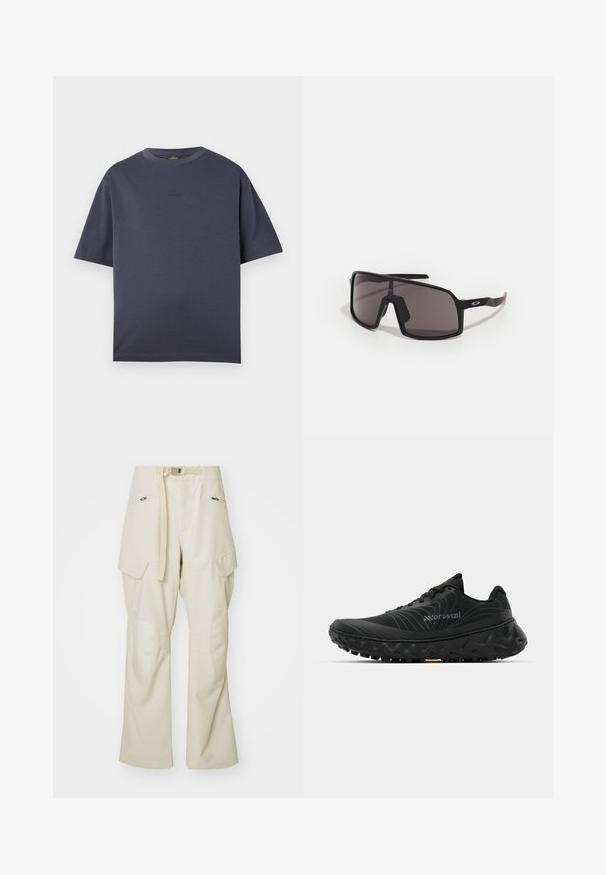 Sötétkék, rövid ujjú póló, puha pamut keverékből készült. Kerek nyakú, laza szabású, a mellrészen diszkrét, dombornyomott logó található.; Beige munkaruhák széles lábakkal, övvel, két oldalsó zsebbel és térdvédőkkel. Simán textúra megerősített varrási részletekkel.; Fekete sportcipők, textúrált felsőrésszel, megerősített sarokkal, ívelt talppal és agresszív futófelülettel a tapadás érdekében. Figyelemre méltó hullámos dizájn részlet.; Fekete téglalap alakú napszemüveg sötét lencsékkel, széles kerettel és karcsú fekete szárakkal. A templikon logó található. Simább textúra.