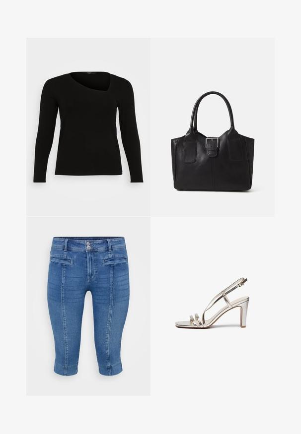 Musta pitkähihainen paita ribbimateriaalista, jossa on epäsymmetrinen pääntie ja tiukka muotoilu. Sujuva rakenne ja hoikka siluetti.; Siniset denimitat satiinit, joissa on istuva muotoilu, kaksi etutaskua ja kääritty helma. Kangas on sileä rakenne, jossa on lievää haalistumista.; Metallic hopeanväriset korkokengät, joissa on avonaiset varpaat, kolme ohutta remmiä jalan yli ja nilkkaremmi soljella.; Musta nahkainen olkalaukku, jossa on sileä pinta, ryhdikäs muoto, kaksi kahvaa ja silmienpistävä hopeinen solkiyksityiskohta edessä.