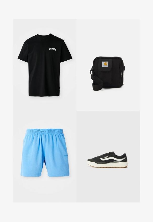 T-shirt de algodão preta com mangas curtas e decote redondo. Apresenta um logótipo curvo em branco "DICKIES" no peito. Design simples, sem padrões.; Bermudas de algodão azul claro com um cós elástico, projetadas com um ajuste descontraído. Apresenta bainhas costuradas duplas e um pequeno logótipo como detalhe.; Tênis pretos com detalhes brancos, apresentando um cabedal sintético liso, forma redonda e sola de borracha, combinados com calças beje claras.; Bolsa transversal preta com um compartimento principal com fecho éclair, bolso frontal, alça ajustável e um logotipo visível na aba.