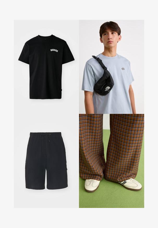 Camiseta de algodón negra de manga corta y cuello redondo. Lleva un logotipo curvado en blanco "DICKIES" en el pecho. Diseño simple, sin patrones.; Pantalones cortos de cargo negros con cintura elástica, cordón, bolsillos laterales y costuras en contraste. Hechos de una tela ligera.; Pantalones de pata de elefante de cuadros marrones y azules combinados con zapatos blancos con detalles en negro y suelas texturizadas, sobre un fondo verde.; Bolso cruzado negro de nailon con correa ajustable, que presenta un prominente logo blanco. Llevado sobre una camiseta de color azul claro. Diseño simple y funcional.