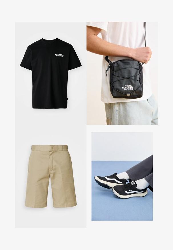Czarny bawełniany T-shirt z krótkimi rękawami i okrągłym dekoltem. Posiada biały, zakrzywiony napis "DICKIES" na piersi. Prosty design, bez wzorów.; Szorty w kolorze khaki z płaskim przodem, haftowanym paskiem i pętlami na pasek oraz dwoma bocznymi kieszeniami. Wykonane z lekkiego materiału.; Czarne sneakersy z białymi akcentami, z siateczki i gumowych materiałów, z teksturowaną podeszwą i uchwytem na pięcie. Noszone z białymi skarpetami i szarymi spodniami.; Czarna torba na ramię z nylonu o teksturowanej powierzchni, regulowanym pasku i szczególe z bungee. Zawiera logo "The North Face" w białym kolorze.