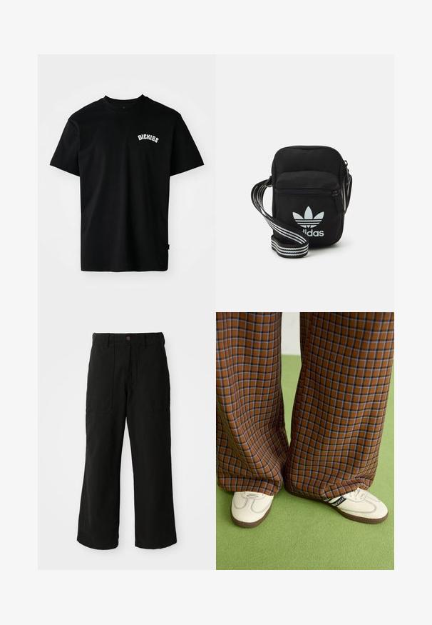 Černé bavlněné tričko s krátkými rukávy a kulatým výstřihem. Na prsou má bílé zakřivené logo "DICKIES". Jednoduchý design, bez vzorů.; Černé široké kalhoty vyrobené z měkké látky, s předními kapsami a knoflíkovým zapínáním v pase. Minimalistický design bez viditelných vzorů.; Hnědo-modré kostkované široké kalhoty doplněné bílými botami s černými akcenty a texturovanou podrážkou, umístěné na zeleném pozadí.; Černá crossbody taška z látky se zipovým uzávěrem, obsahující bílé logo Adidas a pruhovaný nastavitelný popruh pro snadné nošení.