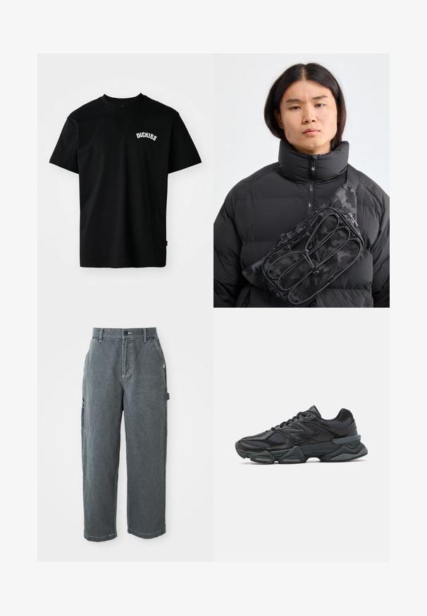Czarny bawełniany T-shirt z krótkimi rękawami i okrągłym dekoltem. Posiada biały, zakrzywiony napis "DICKIES" na piersi. Prosty design, bez wzorów.; Ciemnoszare spodnie robocze prostego kroju z pętlami na pasek, guzikami z przodu i suwakiem, kieszeniami bocznymi oraz pętlą na młotek na prawej nodze.; Czarne buty biegowe z mieszanką siateczki i materiałów syntetycznych, masywną podeszwą, opływowym kształtem oraz wyraźnym brandingiem z boku.; Czarna nylonowa nerka w kamuflażowy wzór z zamykanymi kieszeniami, noszona na skośno na czarnej kurtce puchowej z wysokim kołnierzem.