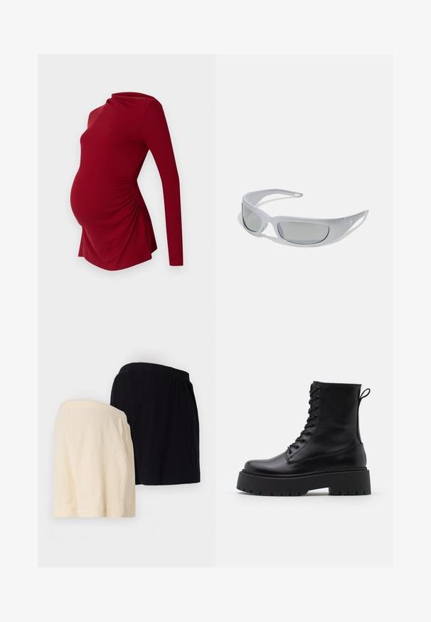 Hosszú ujjú, bordázott textúrájú piros kismama felső, drapált nyakkivágással és oldalsó ráncolással, amely alkalmazkodik a növekvő pocakhoz.; Két pár plissézott sort: az egyik krémszínű, a másik fekete, mindkettő rugalmas derékkal és laza szabással.; Fekete bőr bokacsizma, kerek orral, fűzős elülső résszel és vastag, texturált gumitalppal. Húzófül hátul.; Sötét, szürke műanyag kerettel, ívelt kialakítással és szürke színű lencsékkel ellátott napszemüveg. Az egyik szárán logó kiemelés található.