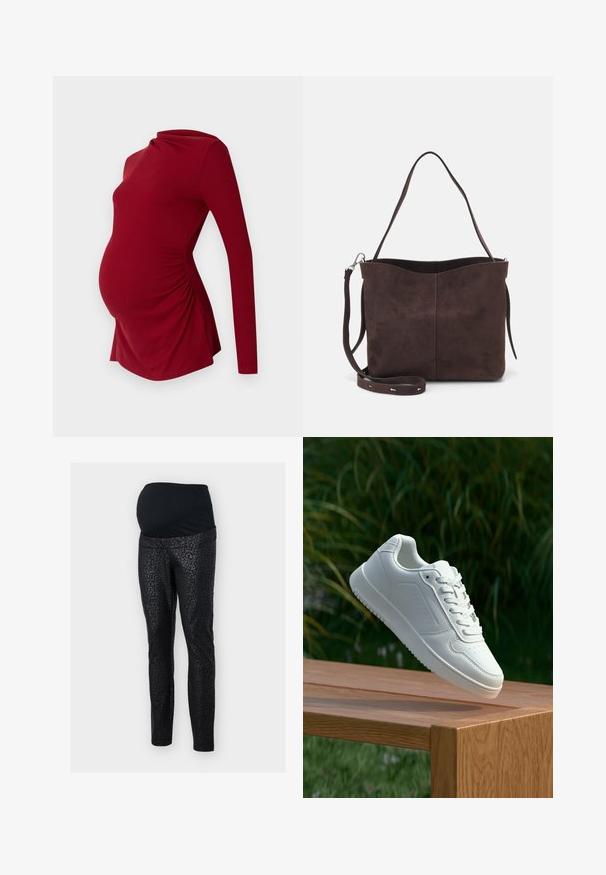 Langærmet rød graviditetstop i ribbet tekstur, med en draperet halsudskæring og sidelæggede detaljer for at rumme en voksende mave.; Graviditetsleggings i sort med en strækbar, tekstureret talje. Hovedstoffet har et subtilt sort leopardmønster. Slim-fit design.; Hvid sneaker med en glat syntetisk overdel, perforeret tåboks, flade snørebånd og en tekstureret sål, præsenteret på en træoverflade.; Brun ruskinds tote bag med en blød tekstur, der har en enkelt skulderrem og en diskret buet topåbning. Ingen synlige hårde detaljer.