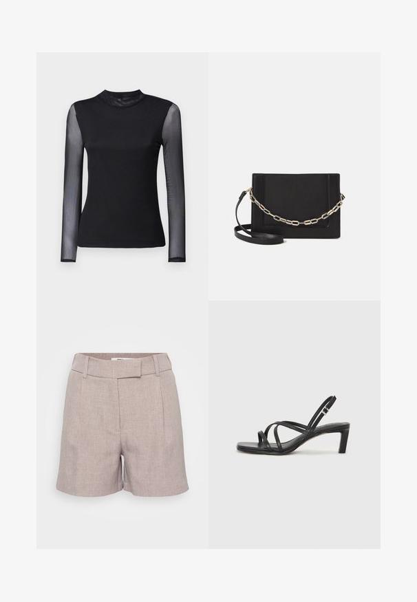 Melnas garas piedurknes blūze ar augstu kakla izgriezumu; blīvs audums ķermenim un caurspīdīgas mežģīņu piedurknes; gluda tekstūra; pieguloša dizaina.; Gai pelēki lina šorti ar teksturētu apdari, ar taisnu priekšpusi, jostu cilpām un sānu kabatām. Veiksmīgi piegriezta piegriezums ar ceļu garumu.; Melnas strappy sandales ar kvadrātveida purngaliem un zemu bloku papēdi. Ievērojamas ar vairākiem plāniem siksniņām un regulējamu potītes siksniņu. Izgatavotas no gludas ādas.; Melna ādas crossbody soma ar gludu faktūru, taisnstūrveida formu un metalizētu ķēdes detaļu priekšā. Iekļauta regulējama siksna.