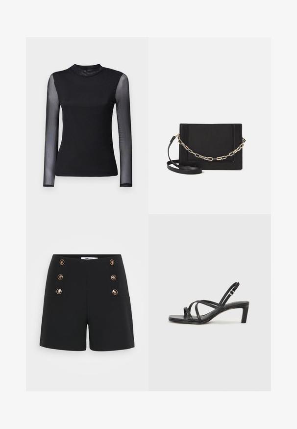 Haut noir à manches longues avec un col montant ; tissu uni sur le corps et manches en tulle transparent ; texture lisse ; design ajusté.; Shorts noirs en tissu texturé, dotés d'une taille haute, d'accents en bouton doré et de deux poches avant.; Sandale noire à lanières avec un bout carré et un petit talon bloc. Elle présente plusieurs fines lanières et une sangle de cheville ajustable. Fabriquée en cuir lisse.; Sac bandoulière en cuir noir avec une texture lisse, de forme rectangulaire et un détail en chaîne métallique à l'avant. Sangle réglable incluse.