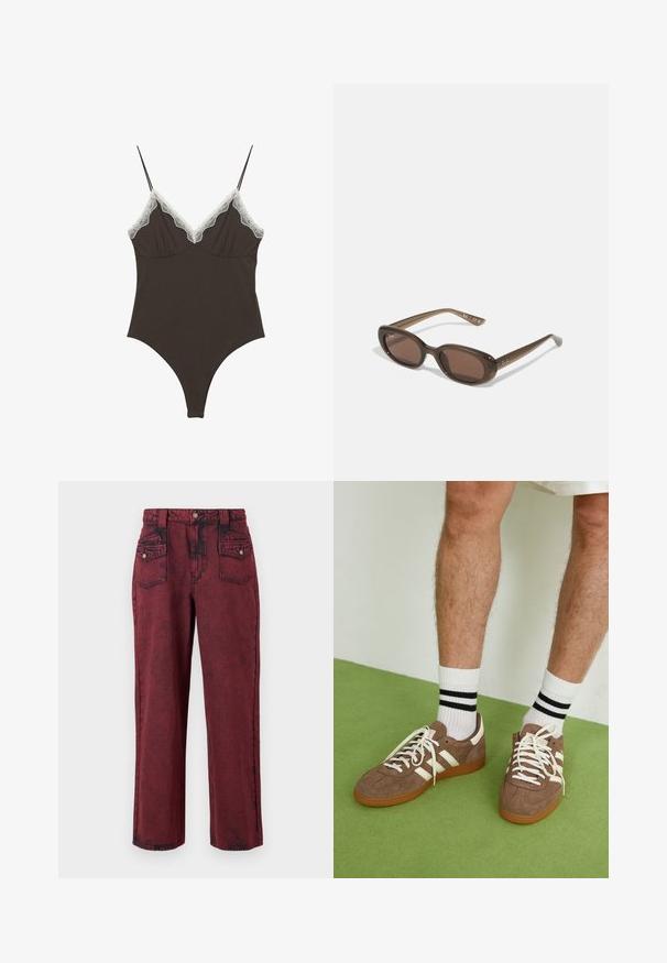 Body maro cu bretele ajustabile și un detaliu din dantelă la decolteul adânc în formă de V. Textură netedă, design ajustat și picioare tăiate înalte.; Pantaloni din denim roșu cu o textură estompată, design cu picior drept, buzunare frontale și talie bine definită. Prezintă accente de cusătură negre.; Adidași maro din suede cu accente și șireturi albe. Talpă din cauciuc de culoare caramel. Purtați cu șosete albe cu dungi negre. Pardoseală verde texturată.; Ochelari de soare ovali maro, cu lentile închise la culoare. Ramele sunt dintr-un material translucid maro și prezintă un logo imprimat pe tempere.; Geantă de umăr din nubuc maro, cu detalii lungi din franjuri, de formă curbată și cu un singur mâner. Prezintă o suprafață netedă, texturată.