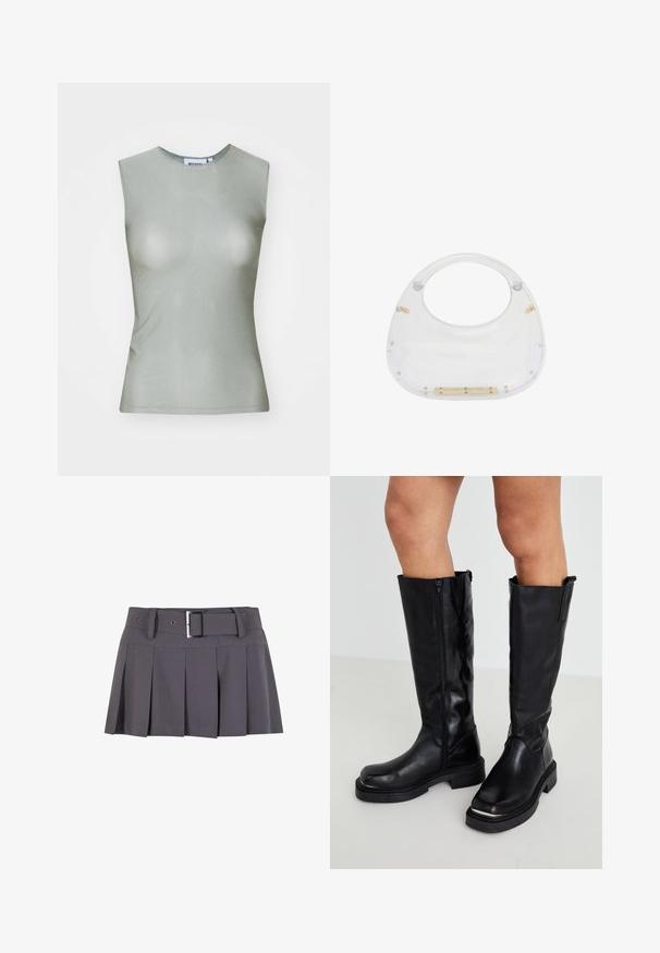Sleeveless light green top made of smooth fabric, featuring a high neck and a fitted silhouette. No visible hardware or patterns.; Gray pleated mini skirt with a smooth texture, featuring a wide waistband, belt loops, and a rectangular silver buckle detail.; Knee-high black leather boots featuring a side zipper, chunky rubber sole, and textured finish with a minimalist design.; Clear acrylic bag with a rounded top and open handle. Features gold hardware details and a smooth, polished surface.