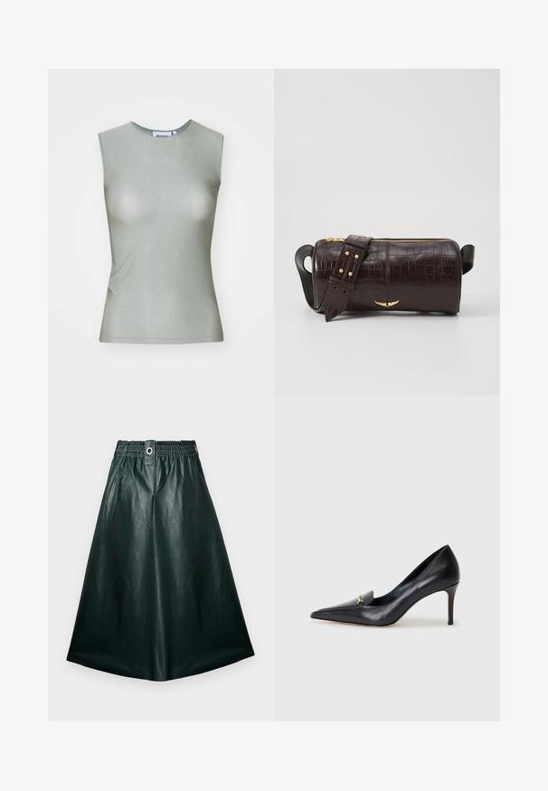 Bezrukávový svetlozelený top vyrobený z hladkej látky, s vysokým golierom a priliehavým strihom. Žiadne viditeľné kovanie ani vzory.; Tmavozelená kožená midi sukňa s elastickým pásom, detailom gombíka vpredu a hladkou, lesklou textúrou. Silueta v tvare A bez vreciek.; Čierne kožené lodičky s špicatou špičkou, nízkym vampom a dekoratívnym zlatým akcentom. Majú podpätok typu stiletto a hladký povrch.; Hnedá taška z kože s embosovaným vzorom krokodíla, cylindrického tvaru, so zlatými hardvérovými doplnkami a odnímateľným popruhom so štítkami.