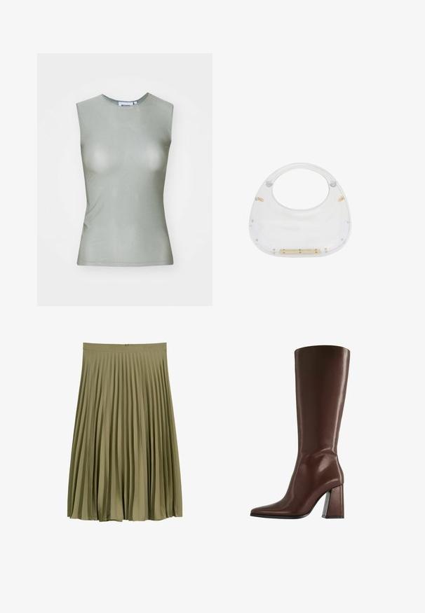 Haut sans manches vert clair en tissu lisse, avec un col montant et une silhouette ajustée. Pas de matériel ou de motifs visibles.; Jupe midi plissée vert olive avec ceinture et fermeture éclair dissimulée au dos.; Botte en cuir marron montant jusqu'au genou, avec bout pointu et talon épais de hauteur moyenne, vue de profil sur fond blanc.; Sac en acrylique transparent avec un dessus arrondi et une poignée ouverte. Présente des détails en métal doré et une surface lisse et polie.