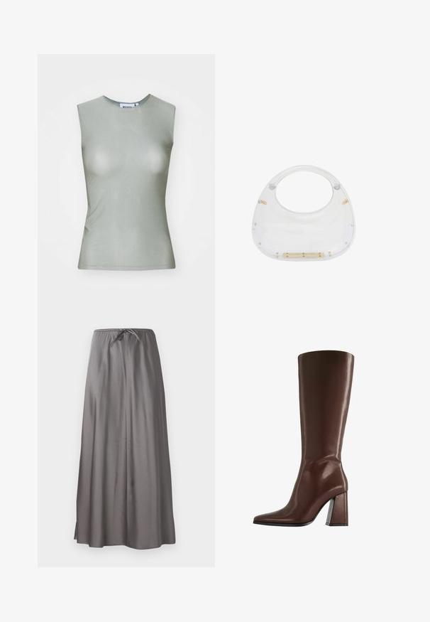 Ärmelloses, hellgrünes Oberteil aus glattem Stoff, mit hohem Kragen und taillierter Silhouette. Keine sichtbaren Beschläge oder Muster.; Grauer Maxirock aus glattem, leichtem Material. Mit einem elastischen Bund und einem Kordelzug sowie seitlichen Schlitzen für mehr Beweglichkeit.; Brauner kniehoher Lederstiefel mit spitzer Zehe und klobigem mittelhohem Absatz, Seitenansicht vor weißem Hintergrund.; Transparente Acryltasche mit abgerundetem oberen Teil und offenem Griff. Mit goldenen Hardwaredetails und einer glatten, polierten Oberfläche ausgestattet.