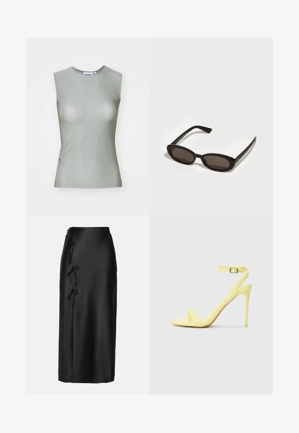 Ujjatlan, világoszöld top, sima anyagból készült, magas nyakkal és testhez simuló szabással. Nincsenek látható fémrészek vagy minták.; Anna Field MIDI SKIRT - Ceruzaszoknya - black; Sárga lakkbőrből készült, magas sarkú szandál két elülső pánttal és csattal ellátott bokapánttal. Karcsú, hegyes sarokformájú.; Fekete napszemüveg ovális, félkeretes lencsékkel. Fényes keretek és karcsú szárak. Sötét árnyalatú lencsék minimális hardver részletekkel.; Fekete textúrájú nagy táska rövid fülekkel, arany kapoccsal és kiegészítőkkel. A design szerkezeti, geometrikus sziluettel rendelkezik.