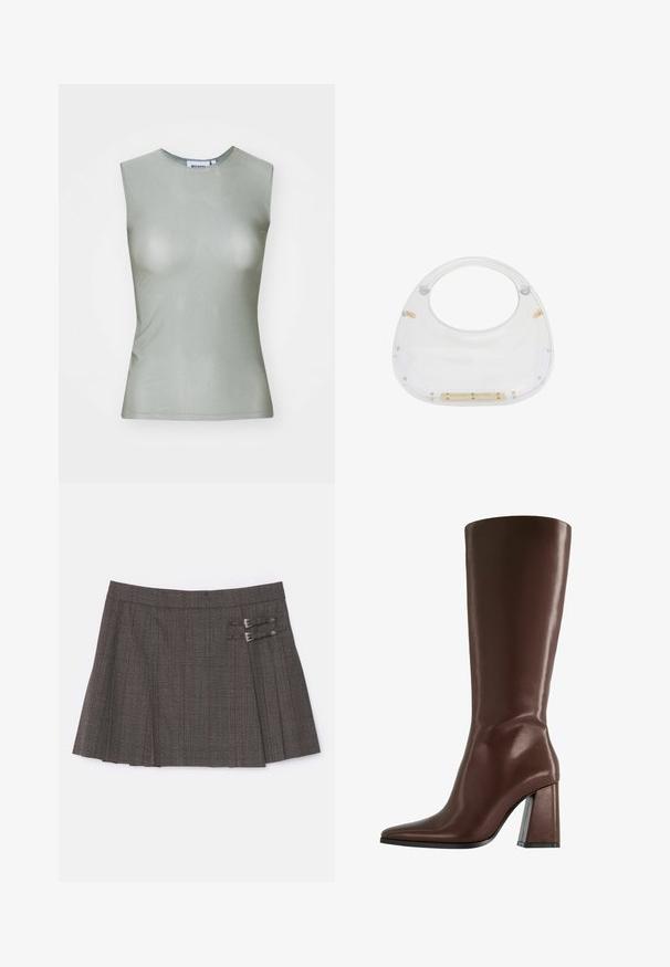 Ärmelloses, hellgrünes Oberteil aus glattem Stoff, mit hohem Kragen und taillierter Silhouette. Keine sichtbaren Beschläge oder Muster.; The Kooples JUPE - Minirock - brown; Braune knöchelhohe Lederstiefel mit spitzer Zehenform und einem klobigen, transparenten Absatz. Glatte Textur mit minimalen Details.; Transparente Acryltasche mit abgerundetem oberen Teil und offenem Griff. Mit goldenen Hardwaredetails und einer glatten, polierten Oberfläche ausgestattet.