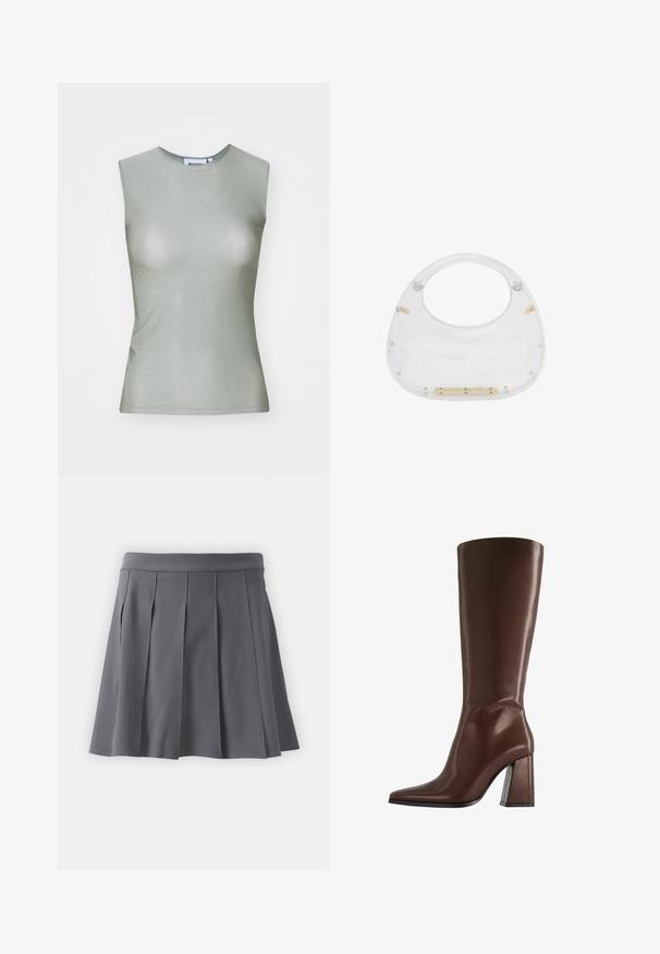 Haut sans manches vert clair en tissu lisse, avec un col montant et une silhouette ajustée. Pas de matériel ou de motifs visibles.; Jupe plissée grise avec une taille plate et des détails de couture verticaux. Fabriquée en tissu lisse, les finitions de couture sont propres et simples.; Botte en cuir marron montant jusqu'au genou, avec bout pointu et talon épais de hauteur moyenne, vue de profil sur fond blanc.; Sac en acrylique transparent avec un dessus arrondi et une poignée ouverte. Présente des détails en métal doré et une surface lisse et polie.