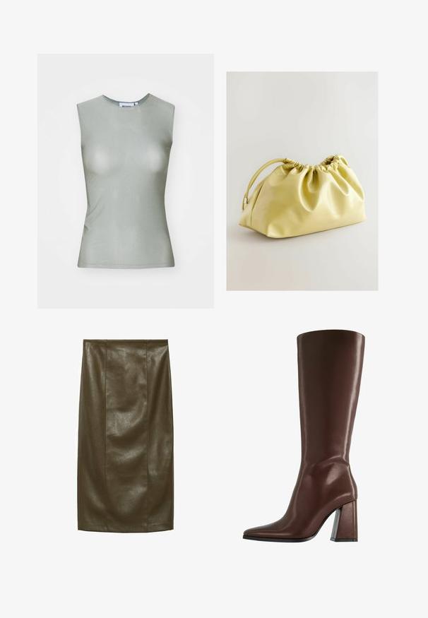 Haut sans manches vert clair en tissu lisse, avec un col montant et une silhouette ajustée. Pas de matériel ou de motifs visibles.; Jupe crayon en similicuir vert olive avec une texture lisse, longueur genoux, dotée de coutures verticales pour un look ajusté.; Botte en cuir marron montant jusqu'au genou, avec un bout pointu et un talon épais et transparent. Texture lisse avec un minimum de détails.; Next Pochette - yellow