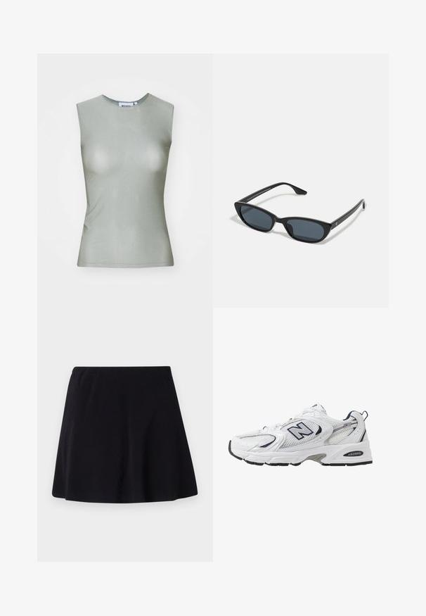 Ärmelloses, hellgrünes Oberteil aus glattem Stoff, mit hohem Kragen und taillierter Silhouette. Keine sichtbaren Beschläge oder Muster.; Schwarzer Rock, knielang, aus leichtem Stoff mit subtiler Textur, hat ein ausgestelltes Design und einen elastischen Bund.; Weißer Sportschuh mit Mesh-Obermaterial, navyblauen Akzenten und gepolsterter Sohle. Verfügt über das "N"-Logo, Schnürsenkel und eine strukturierte Detailverarbeitung an der Seite.; Schwarze Cat-Eye-Sonnenbrille mit dunklen Gläsern, Kunststoffrahmen, schlanken Bügeln und dezentem Branding an der inneren Seite des Bügels. Matte Oberflächenstruktur.; AllSaints LUNA - Umhängetasche - black