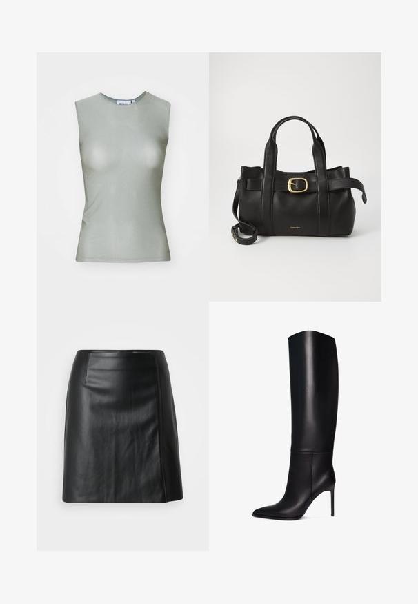Ujjatlan, világoszöld top, sima anyagból készült, magas nyakkal és testhez simuló szabással. Nincsenek látható fémrészek vagy minták.; Fekete bőr szoknya, A-vonalú kialakítással, sima tapintással, oldalsó hasítékkal. Finom öltés díszíti a varrásokat, hogy fokozza a részleteket.; Térdizó fekete bőr stiletto csizma hegyes orral. Sima felület, strukturált dizájn és vékony magas sarkú. Nincs látható fémrész vagy minta.; Fekete bőr kézitáska, amely strukturált kialakítással rendelkezik, dupla felső fogantyúval, arany tónusú csattal és a márka dombornyomott logójával az elején.