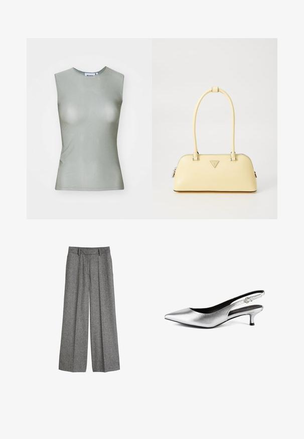 Svetlozeleni top brez rokavov iz gladkega blaga, z visokim ovratnikom in prilegajočim krojem. Brez vidnih kovinskih delov ali vzorcev.; Sive volnene hlače širokega kroja z zankami za pas in sprednjimi naborki, zasnovane za sproščen, prilagojen fit.; Svetlo srebrna metalna slingback čizme s šiljastim prstom, nizkim kitten petom i glatkom teksturom. Ima usku traku s malom detaljima kopče.; Rumena usnjena torbica z patentiranim zaključkom v zaobljeni obliki, enojnim zgornjim ročajem in srebrno logotipno ploščico. Ima zadrgo in gladko teksturo.