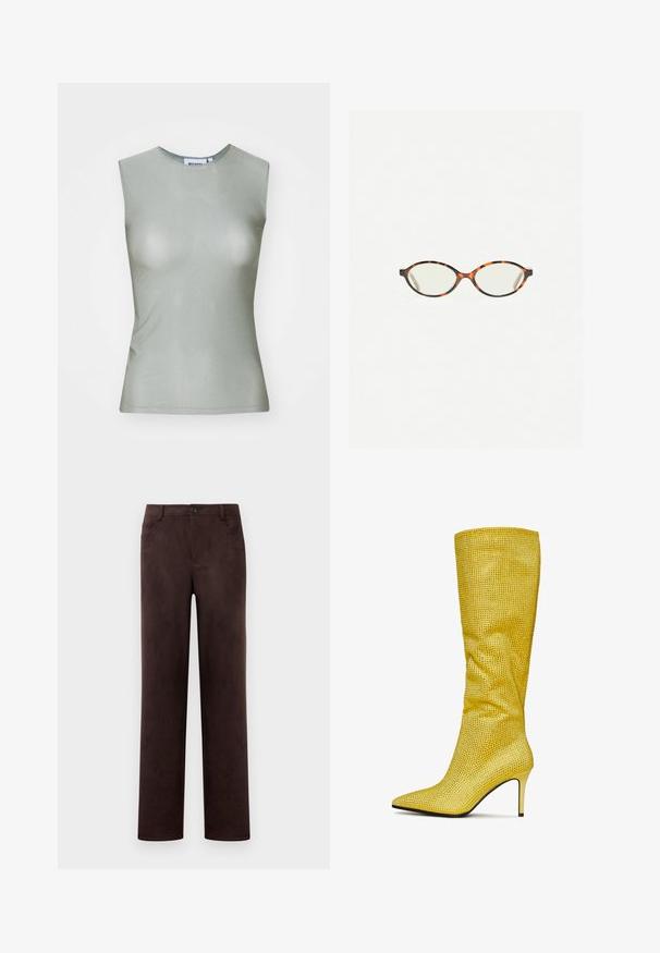 Bezrukava svijetlozelena majica izrađena od glatkog materijala, s visokim ovratnikom i priljubljenim siluetom. Nema vidljivih metalnih dijelova niti uzoraka.; Kombinirane tamnosmeđe suknje od zeca s ravnim nogavicama, zatvaranjem na dugme i rajsferšlus, petljama za remen i bočnim džepovima.; Žute čizme do koljena od teksturiranog materijala s šiljatim prstom, prekrivene malim metalnim čavlima. Imaju visoku stileto petu.; Naočale u boji kornjače s ovalnim staklima i elegantnim, glatkim završetkom. Imaju tanke strane s suptilnom krivuljom na sljepoočnicama. Prozirna stakla.; Torba od mekanog umjetnog kože krem boje s nabranim dizajnom, podesivim remenom i suptilnim zatvaranjem uzicom. Glatka tekstura i zaobljen oblik.