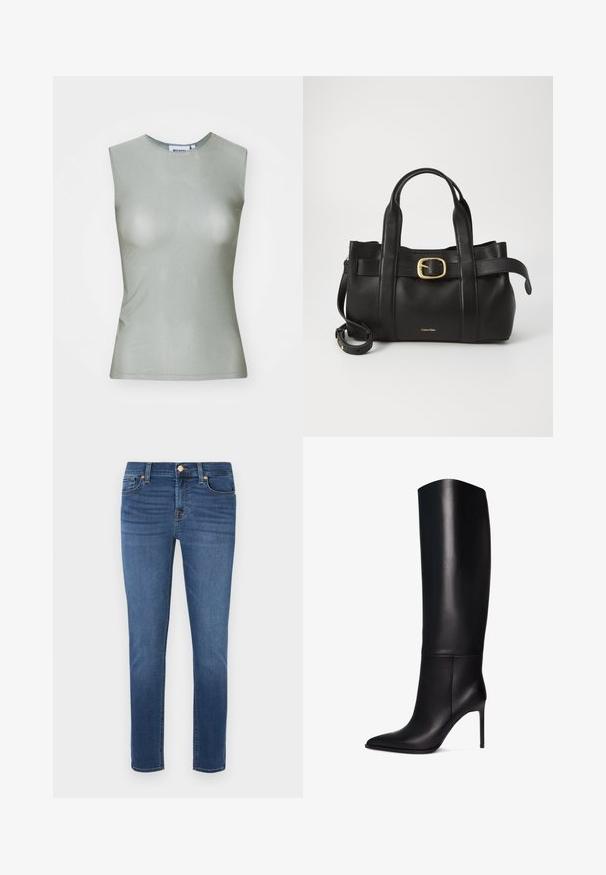 Top sin mangas de color verde claro, hecho de una tela suave, con cuello alto y una silueta ajustada. Sin herrajes ni patrones visibles.; Jeans ajustados de denim azul oscuro con una textura suave, que cuentan con un cierre de cremallera y botón, cinco bolsillos y costuras en contraste.; Bota de tacón stiletto negra de cuero hasta la rodilla con puntera puntiaguda. Textura suave, diseño estructurado y un tacón alto y delgado. Sin herrajes ni patrones visibles.; Bolso de cuero negro con un diseño estructurado, doble mango superior, detalle de hebilla en tono dorado y logo de la marca grabado en la parte frontal.