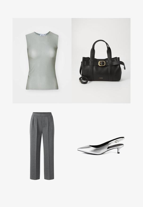 Mouwloze lichtgroene top van een gladde stof, met een hoge hals en een aansluitende silhoeet. Geen zichtbare hardware of patronen.; Grijze geplooide broeken van zachte stof. Heeft een vlakke voorkant en brede pijpen, wat zorgt voor een ontspannen pasvorm. Geen zichtbare hardware of accenten.; Zilveren metallic slingback pump met een puntige neus, lage kitten heel en een gladde textuur. Heeft een smalle band met een klein sluitingdetail.; Zwarte leren handtas met een gestructureerd ontwerp, dubbele handgrepen aan de bovenkant, een gouden gespaccent en een geperst merklogo aan de voorkant.