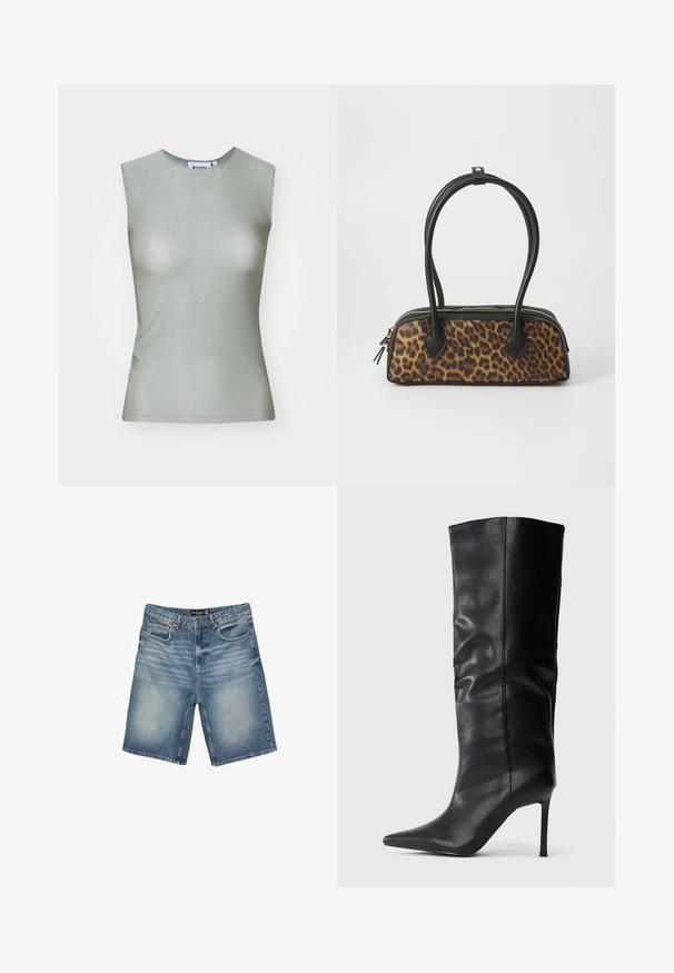 Bezrukávový svetlozelený top vyrobený z hladkej látky, s vysokým golierom a priliehavým strihom. Žiadne viditeľné kovanie ani vzory.; Džínové šortky v svetlomodrej farbe, s opaskom na pások, piatimi vreckami a mierne vybledlým povrchom pre opotrebovaný vzhľad.; Čierne kožené čižmy po kolená s špicatou špičkou a tenkým vysokým podpätkom na jednoduchom bielom pozadí.; Kabelka so leopardím vzorom a čiernym umelým koženým dnom, s dvoma hornými uchami, zlatým zipsom a čiernymi umelými koženými detailami. Obdĺžnikový tvar.