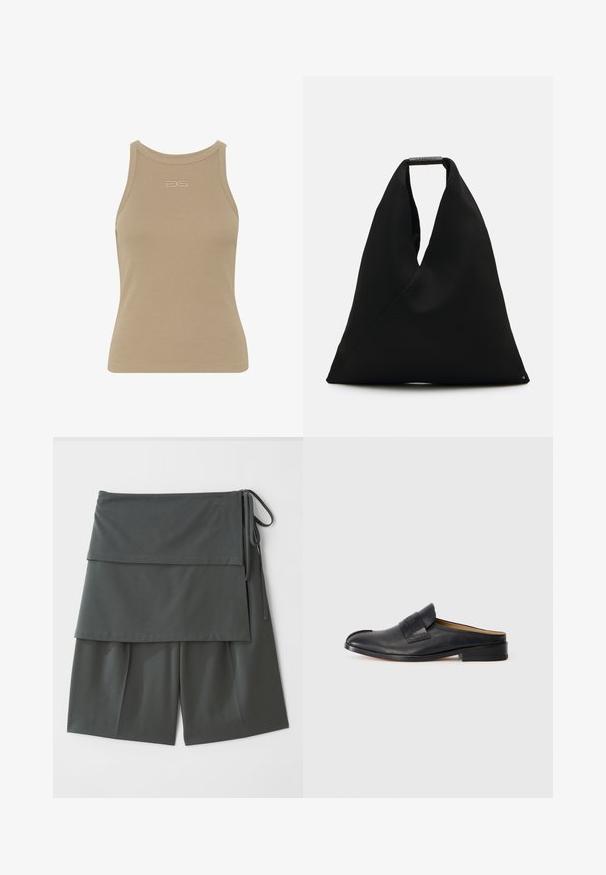 Beige ribu tvertnes krekls ar apaļu dekoltē, bez piedurknēm un nelielu reljefu logotipu centrā priekšā. Mīksta auduma tekstūra.; Tumši pelēki neitrāli šorti ar slāņveida dizainu, kas ietver augšējo paneli un sasiešanas elementus sānos. Izgatavoti no gluda, viegla auduma.; Melnas ādas mule kurpes ar platu zoli, noapaļotu purngalu un plašu siksnu augšdaļā, kas iekļauj smalkus zīmola norādījumus un šuvju detaļas.; Melnas auduma iepirkumu soma ar unikālu V formas dizainu un gludu tekstūru. Aprīkota ar īsu rokturi un minimālistisku aparatūras detaļu.